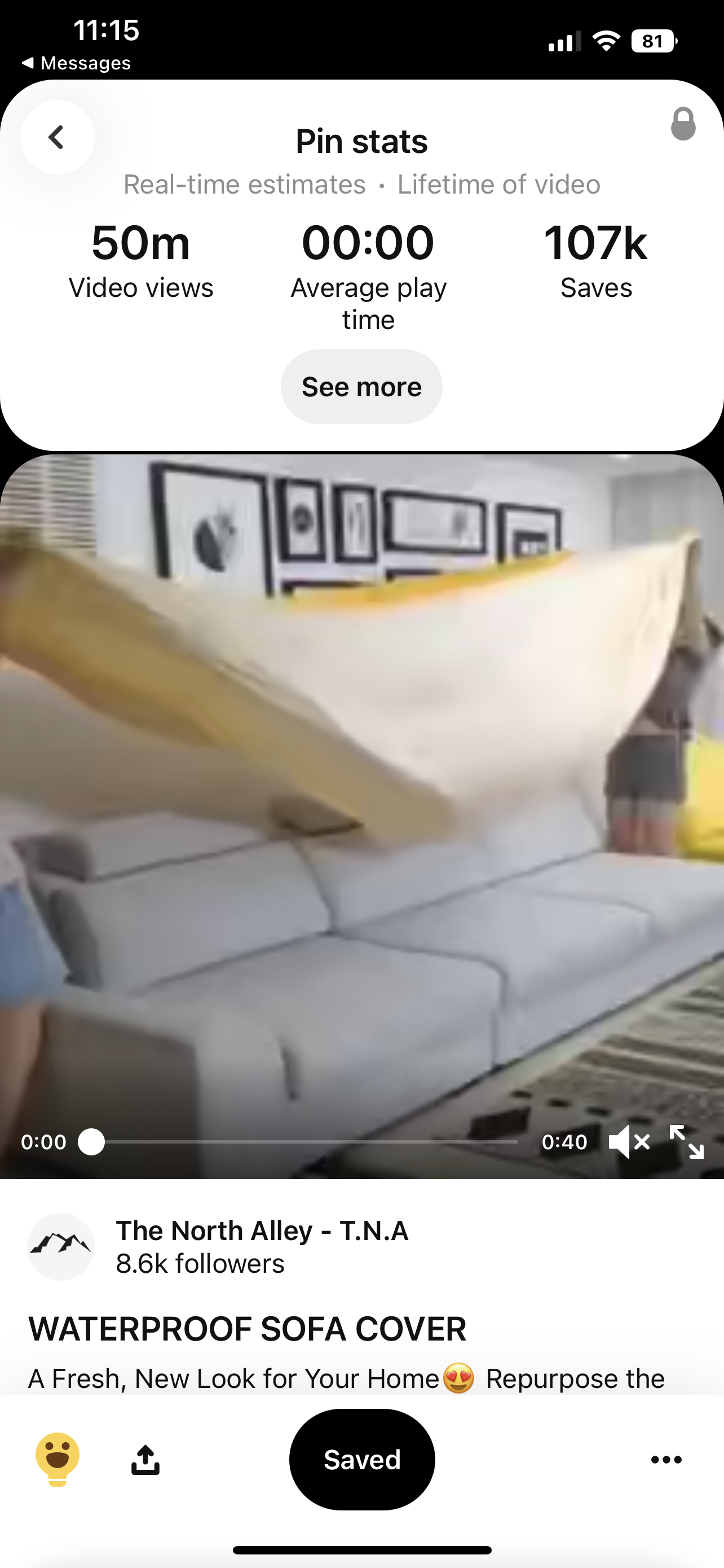 Pinterest analytics showing 50 million video views